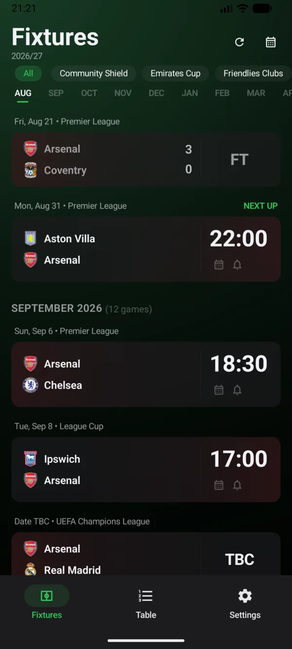 The FootyMate Fixtures screen on Android, with the same competition chips, month rail, NEXT UP marker, and fixture rows as the iPhone version.
