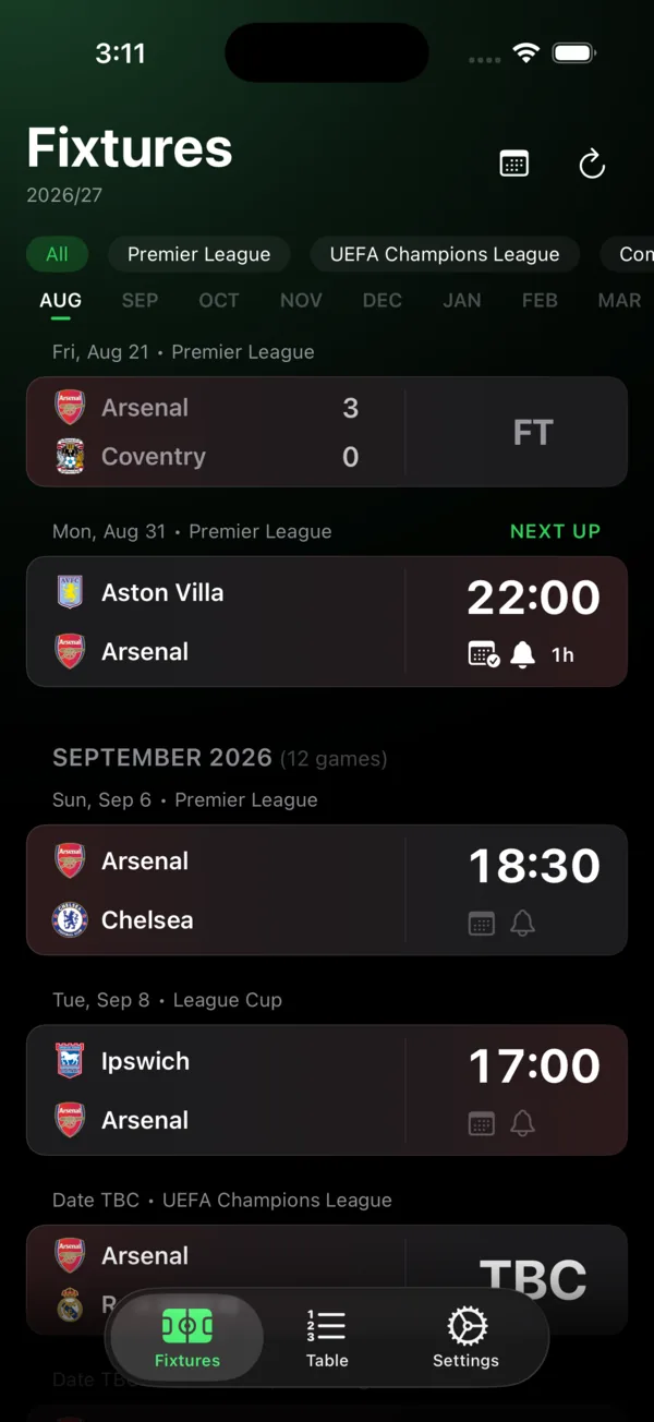 The FootyMate Fixtures screen: competition filter chips, a month rail, and a club's matches grouped by date with scores, kickoff times, a NEXT UP marker, and reminder and calendar icons.