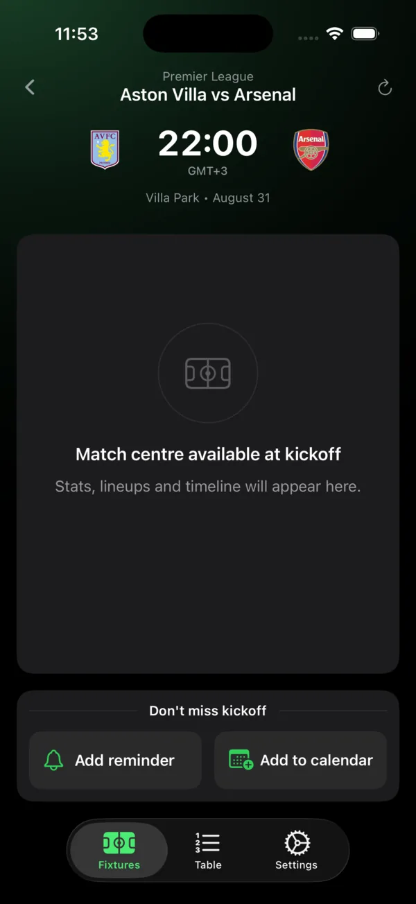 A FootyMate match page before kickoff: Aston Villa versus Arsenal at 22:00, Villa Park, with a panel headed Don't miss kickoff offering Add reminder and Add to calendar.